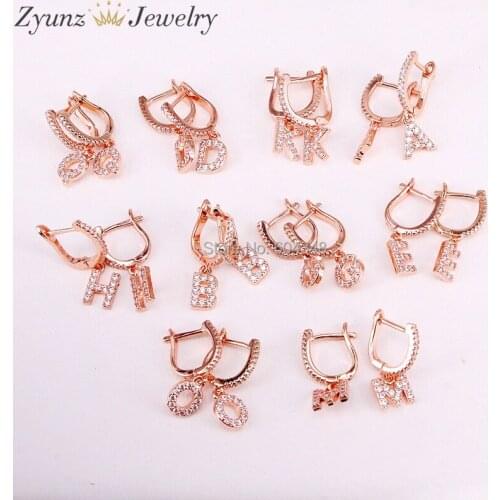 10 Pairs ZYZ315-4651 CZ micro pave alphabet earring Rose Gold color Letter dangle Earrings for Women Jewelry