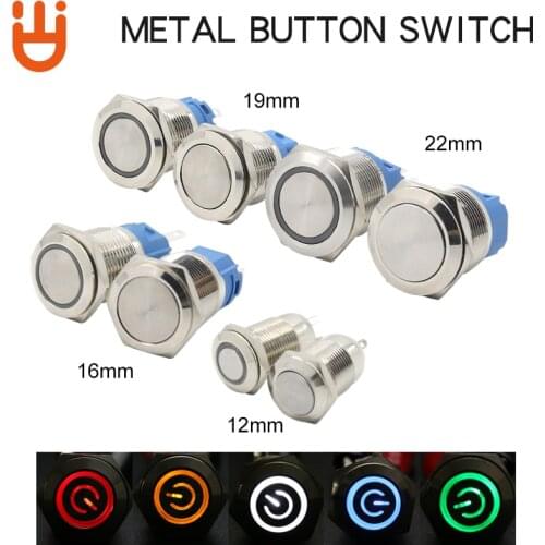 12/16/19/22MM Waterproof Metal Push Button Switch Self-Locking/Self-Reseting LED Light Car Engine Power Switch12V 24V 110V 220V
