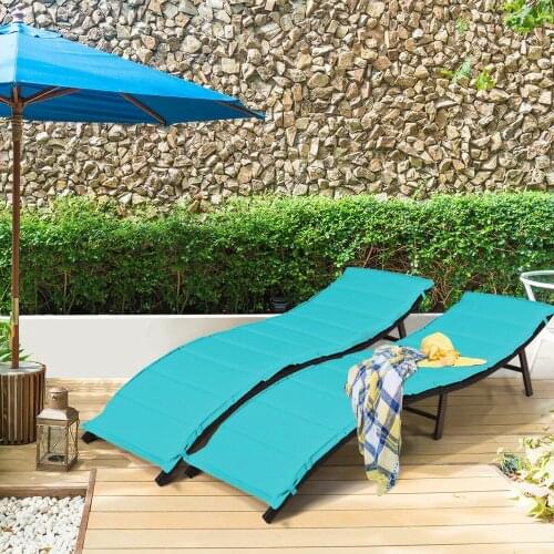 2PCS Patio Rattan Folding Lounge Chair Chaise Double Sided Cushion Turquoise