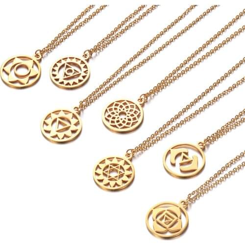 2019 Titanium Stainless Steel 7 Chakra Yoga Meditation Round Charm Pendant for Women Men Long Chain Statement Collar Jewelry