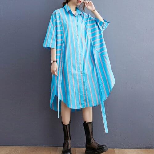 2021 Plus Size Women Shirt Dress Summer Fashion Oversize Vintage Loose Cotton Striped Dress Female Robe Lady Vestidos With Sash
