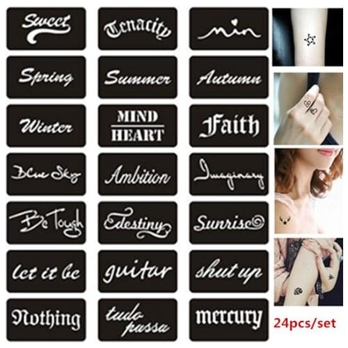 24pcs/set Reusable Henna Stencils Words Pattern Glitter Tattoo Sjablonen for Hands Arm Finger Airbrush Stencil Pochoir Tatouage