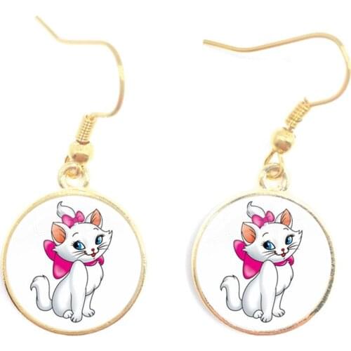 The Aristocats Art Cat Cartoon Picture Golden Plated Drop Earrings 16mm Glass Cabochon Jewelry For Women Girls Kids Gift