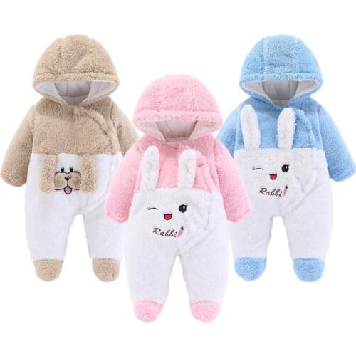 0-12M Baby Rompers Cute Plush Rabbit Infant Girls Overall Jumpsuit Autumn Winter Hooded Baby Boys Romper Warm Newborn Clothes