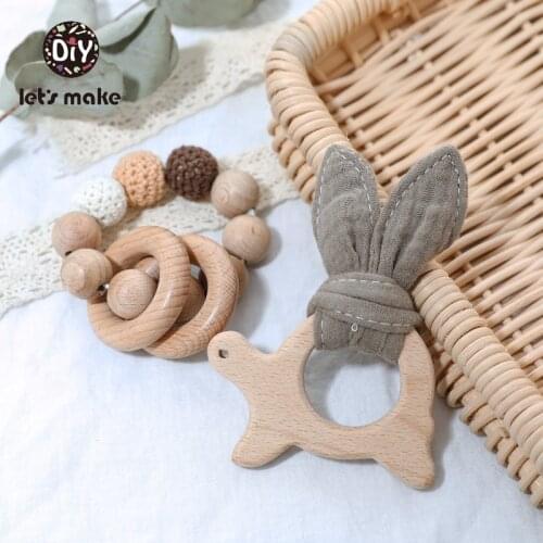 Lets Make Baby Teether Crochet Beads Beech Cotton 2pcs/set Bracelet Wooden Rodent Ring LaTeX Free Animal Baby Teething Toys