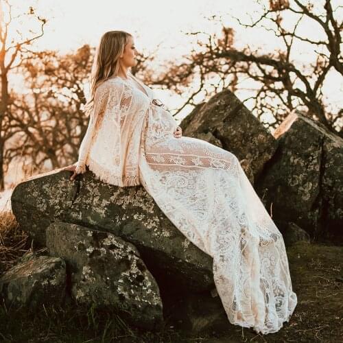 Don&Judy Bohemia Lace Maternity Dress Long Sleeve V-neck Maternity Gown Photography Party Evening Dresses Photo Props for Shoot