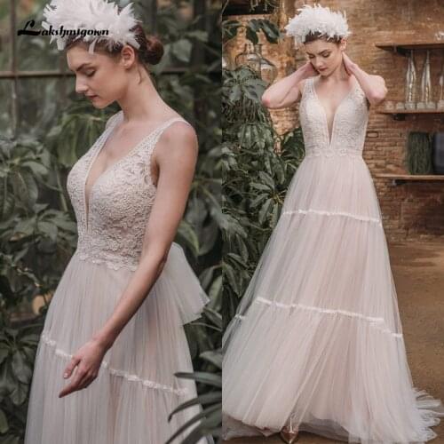 Lakshmigown A-line Boho Wedding Dress vestido de novia Backless Lace Beach Wedding Gown Elegant Tulle Bride Dress Abito Da Sposa
