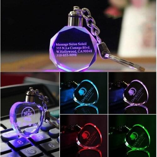 Customized Fashion Laser Engraving LOGO Crystal Keychains Octagonal Shaped LED Key Chain Key Ring for Wedding Xmas Birthday Gift
