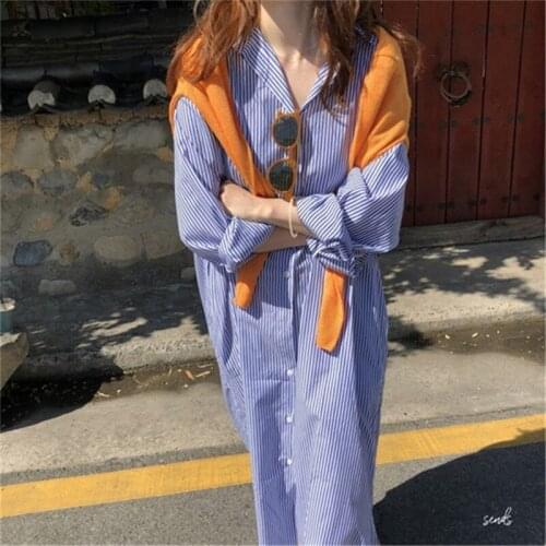 2021 Korean New Spring Autumn Casual Striped Ultra-long Over-the-knee Long Sleeve Loose Long Dress Maxi Dress