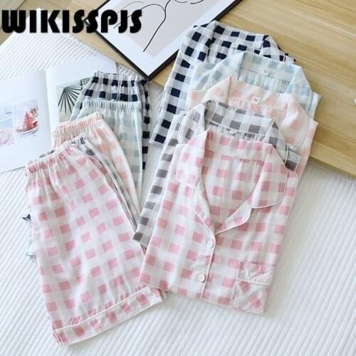 2021 Summer New Leisure Square Plaid Cotton Cardigan Suit Pajama Set Women Loungewear Lounge Sets Two Piece Set Summer