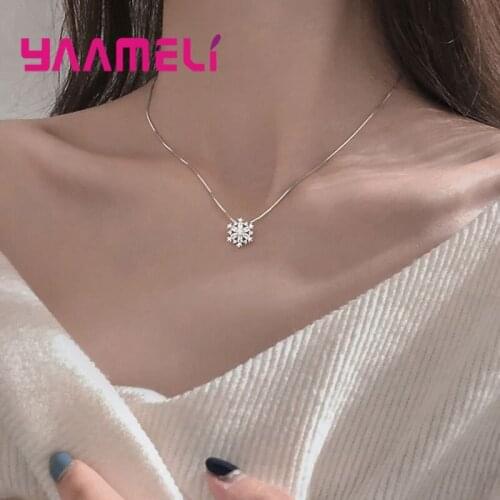Winner Sale Christmas Gift Luxury 925 Sterling Silver CZ Diamond Rhinestone Snowflake Pendant Necklace Short Collar Chokers