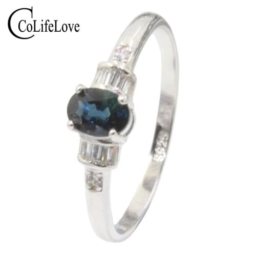 Real 925 sterling silver sapphire ring 4 mm * 6 mm natural midnight blue sapphire silver ring for engagement birthday gift