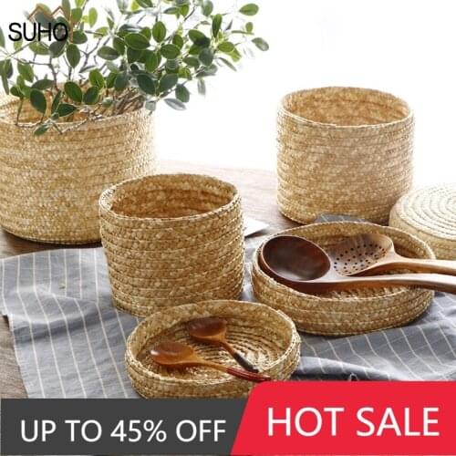 Hot Handmade Straw Woven Storage Basket With Lid Snack Organizer Storage Baskets Box Laundry Baskets Rattan Storage Flower Baske