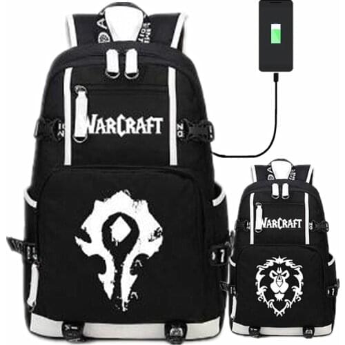 World of The Alliance Horde USB Port Backpack Bag Evermore Luminous Laptop School Travel Book Bags Teenagers Rucksack Gift