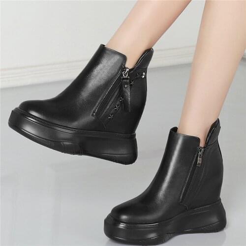 Platform Pumps Women Genuine Leather Wedges High Heel Ankle Boots Female High Top Round Toe Fashion Sneakers Casual Rivets Shoes