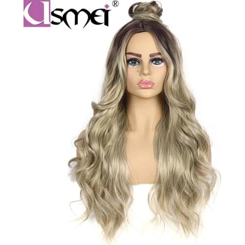 USMEI synthetic wig long blonde Body Wave for white women Ombre dark root to lighter brown 28inches high temperature hair piece