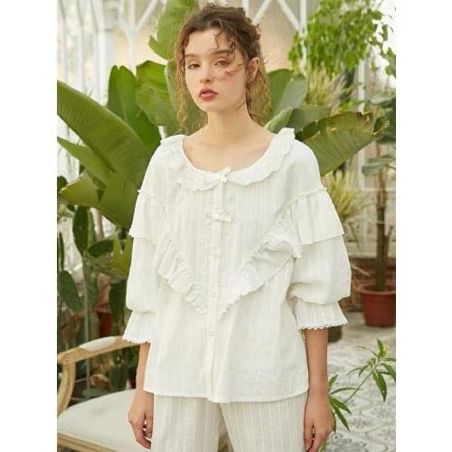 Spring Autumn Soft 100% Cotton Womens Sweet Pajamas Sets Classic Pink/White Solid Color Vintage Sleepwear Girls Nightsuits