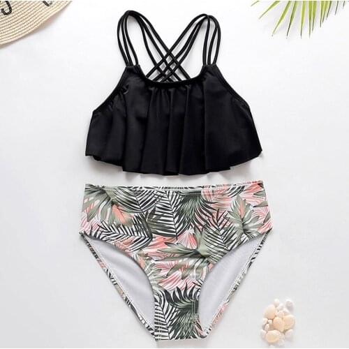Flounce Girl Swimsuit Kids Cross Back Girl Bikini Set Tropical Leaf Print Two Piece Childrens Swimwear 7-14Y Girls Bathing Suit