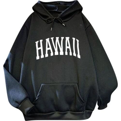 Harajuku Hoodie Womens Hawaii Print Hoody Long-sleeved Sweatshirt Casual Blouse Pullover Black Tops With Pocket Sudadera Mujer