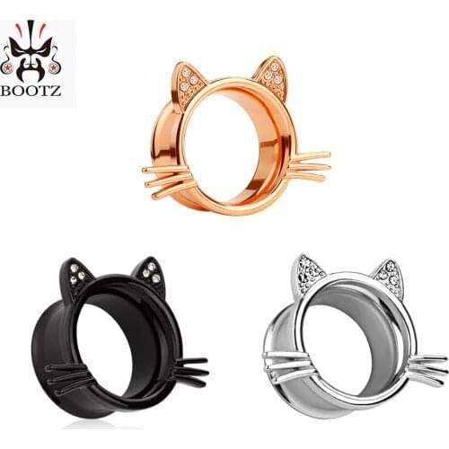 KUBOOZ Ear Piercing Tunnel Plugs Cut Cat Crystal Stainless Steel Earring Expander Fashion Body Jewelry Gift For Women Men 2PCS