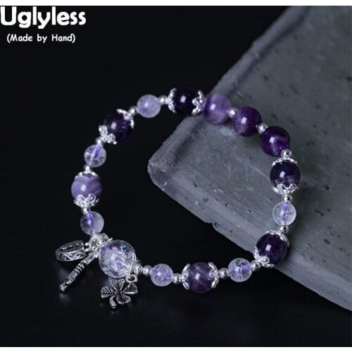 Uglyless 100% Real 925 Sterling Silver Lock Key Clover Charms Fine Jewelry for Women Elastic Rope Bangle Crystal Beads Bracelet