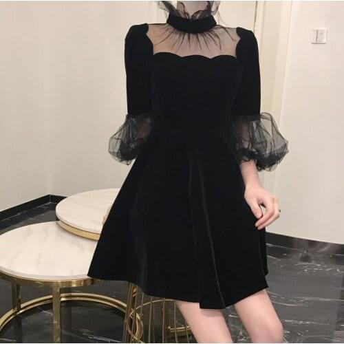 2020 Summer Velvet Dress Women Chic Solid Black Ladies Mesh Patchwork Half Pull Sleeve Vintage Fashion Dresses