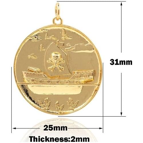 Gold Coin Pirate Ship Necklace Nautical Pendant Round Coin Pendant DIY Jewelry Components 31x25x2mm