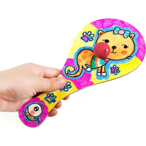 9pcs/set Hand-painted Wooden Racket with Ball DIY Craft Cartoon Painting Graffiti Toy for Kindergarten Kids M76D