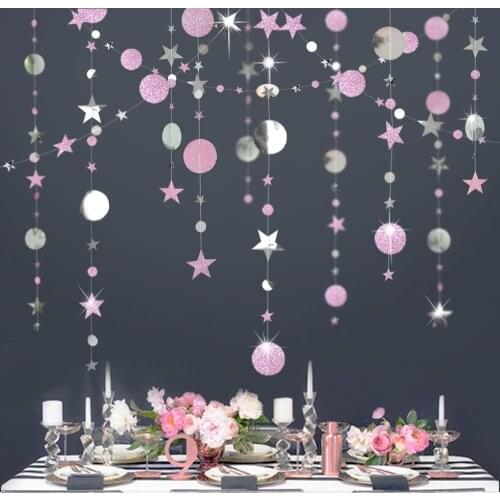 4*3M Glitter Pink Paper Star Circle Garlands Nursery Backdrop Banner Birthday Baby Shower Wedding Bridal Girl Room Hanging Decor