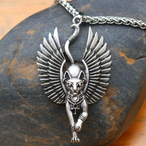 Egypt Cat Angel Wings Bastet Ethnic Cat Jewelry Male Necklace WICCA Pagan Talisman Egyptian Sphinx Jwelry For Women Men Amulet
