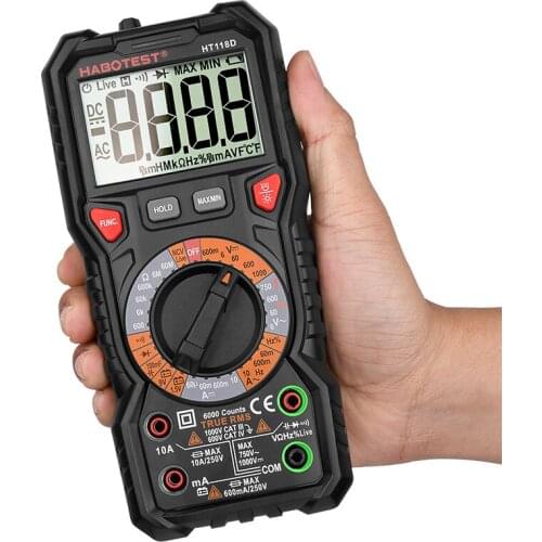 Electrician Repair Tools Manual Range Multimeter With TRUE RMS 1000V 10A Ohm Capacitance Frequency Battery Test Habotest HT118D