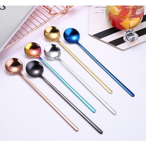 Rainbow Color Ice Cream Long Handle Coffee Tea Stir Stainless Steel Spoon Dessert Honey Beautiful Kitchen Gadget Tableware