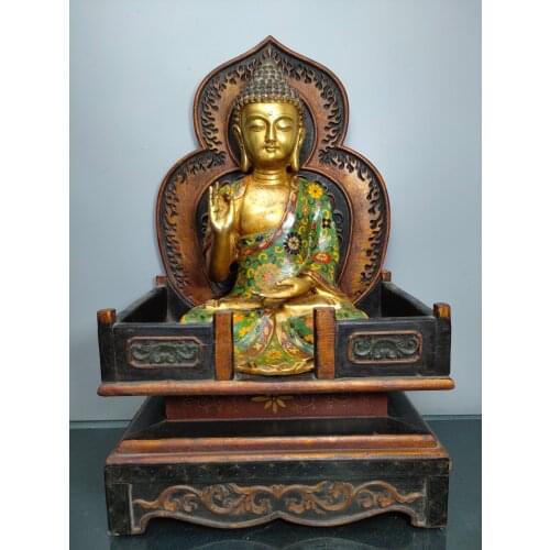 12"Chinese temple collection Old Bronze Cloisonne Enamel Shakyamuni Buddha Lacquered wood Buddhist altar worship Ornaments