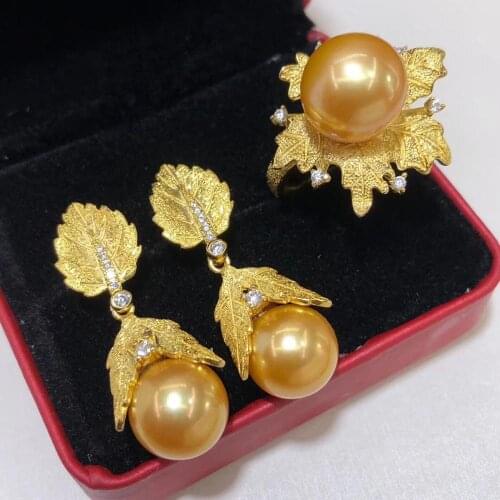 D727 Pearl Set Fine Jewelry 925 Sterling Silver Round 9-12mm Fresh Water Golden Pearls Jewelry Sets for Women Presents