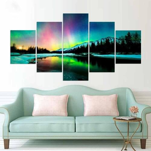HD Print Wall Art Canvas Painting Modular Poster 5 Panel Colorful Aurora Borealis Frame Modern Home Decor Living Room Pictures
