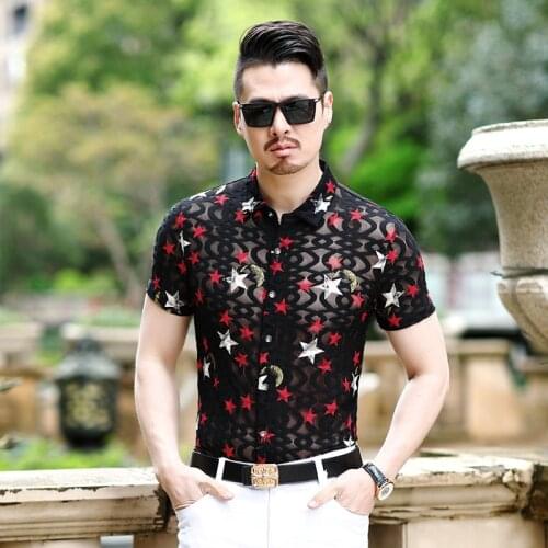 Man Hollow Mesh Clothes Summer Male See Through Clubwear Short Sleeved Transparent Shirts