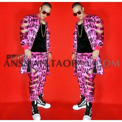 Mens Fluorescent Pink Hollow out Personality Letters Party costumes Nightclub Singer bar DJ hip-hop rock DS Costumes