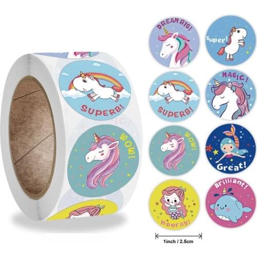 50-500Pcs/roll Unicorn gift decor Sticker Reward Cute Animal Sticker for Kids Motivational Sticker for School Teacher Encourage