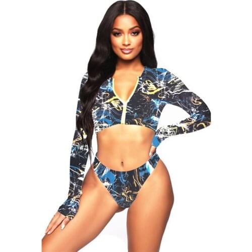 2021New Womens Long Sleeve Sunscreen Colorful Zippered Biquini Push Up High Waist Sexy Beach Tunic Bikini Underwear Swimsuit
