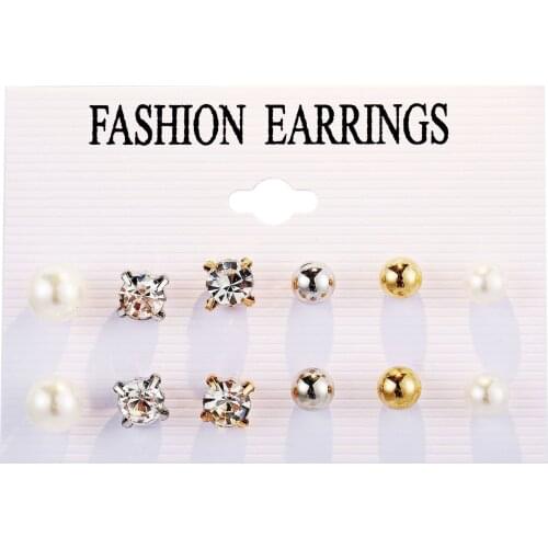 New set of Zircon Earrings with 6 pairs creative simple Pearl Ball Earrings