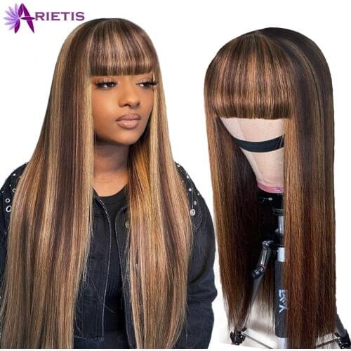 Highlight Human Hair Wigs with Bangs 8-30 Inches Brazilian Remy Hair Honey Blonde Brown Full Machine Made Wig For Black Women