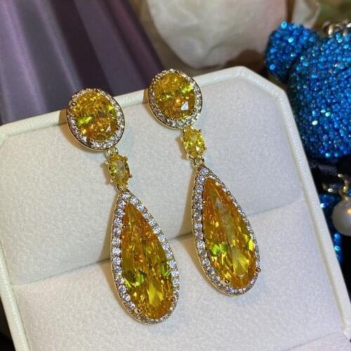 Simple Elegant Yellow Crystal Ear Studs Water Droplets Personality Earrings High Quality CZ Cubic Zircon Korean Pop Jewelry Gift