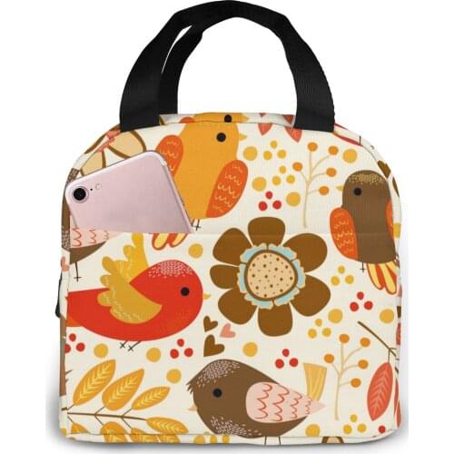 Cute Birds Cooler Bag Portable Zipper Thermal Lunch Bag Convenient Lunch Box Tote Food Bag