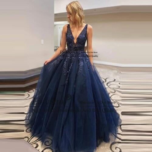 Sexy Navy Blue Long Prom Dresses 2020 A Line Sleeveless Lace Bodice Vestidos De Festa Formal Evening Dress Party Gown