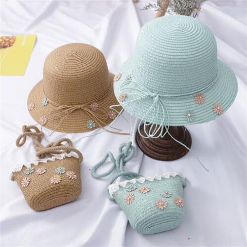 Children Girl Summer Sunscreen Sunshade Hat Straw Beach Sun Hat + Straw Bag 2Pcs Childrens Straw Hat Woven Bag Sun Hats