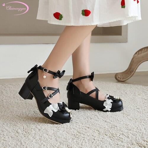 Sweet dating style comfortable round toe pumps fashion ruffles bowknot belt buckle medium with thick heel womens shoes big size