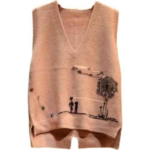 V-neck Knitted Vest for Womens Casual Loose Sleeveless Sweater Vest Women Black Top Winter Coat