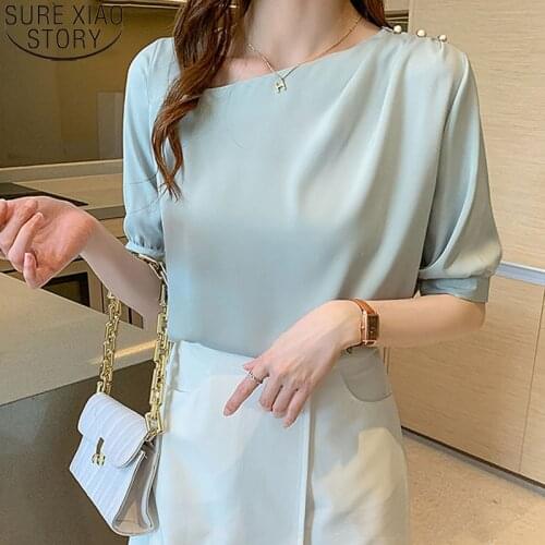 Satin Shirt Short Sleeve Womens Blouse and Tops 2021 New Office Lady Summer Shirt Korean New Skew Collar OL Style Blouses 14235