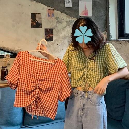 Women T-shirt Puff Sleeve Plaid Sweet Pleated Loose Blouse for Dating