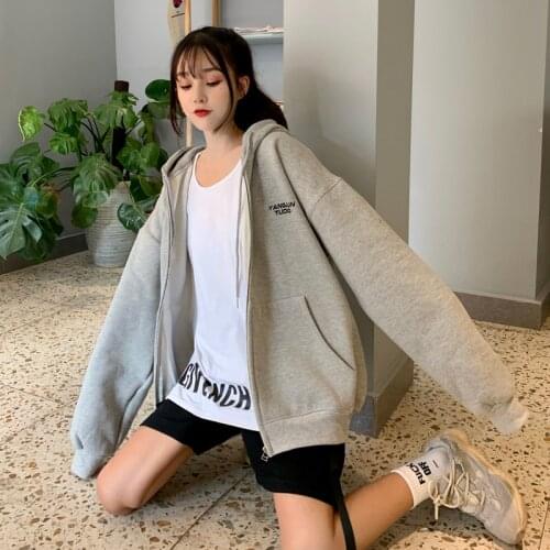 Women Zipper Grunge Casual Sweatshirt Plus Velvet Letter Hoodie Jacket Oversized Coat Korean Street Wear Girls Sudadera Mujer